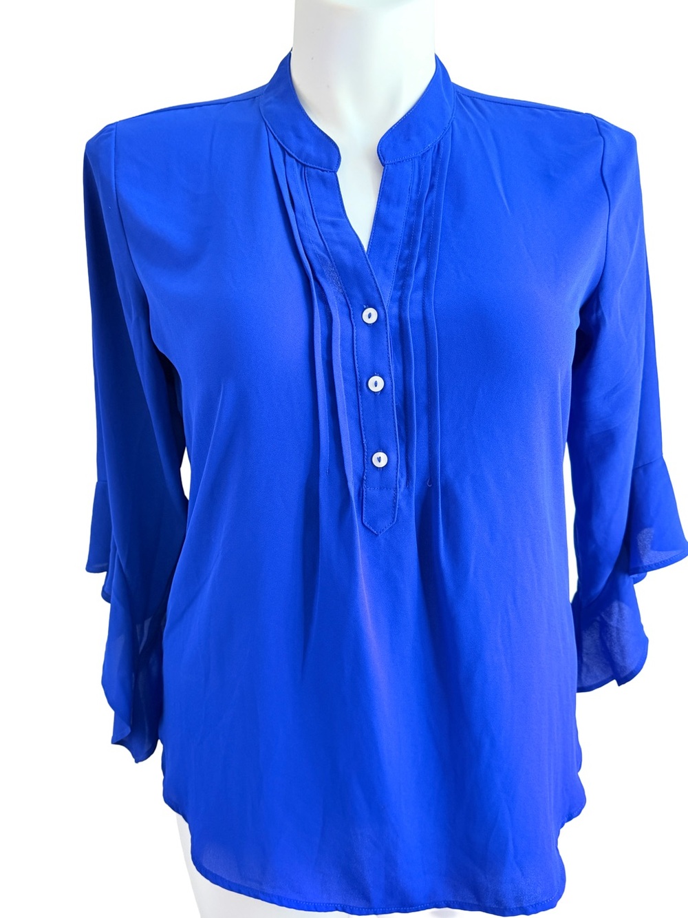 Notch Neck pleated blouse ruffle sleeves women large royal blue business casual